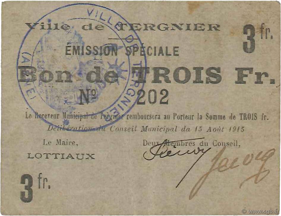 3 Francs FRANCE régionalisme et divers  1915 JP.02-2726 TTB
