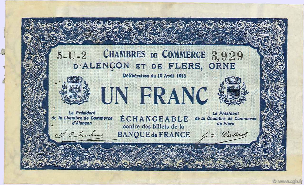 1 Franc FRANCE régionalisme et divers Alencon et Flers 1915 JP.006.48 TTB