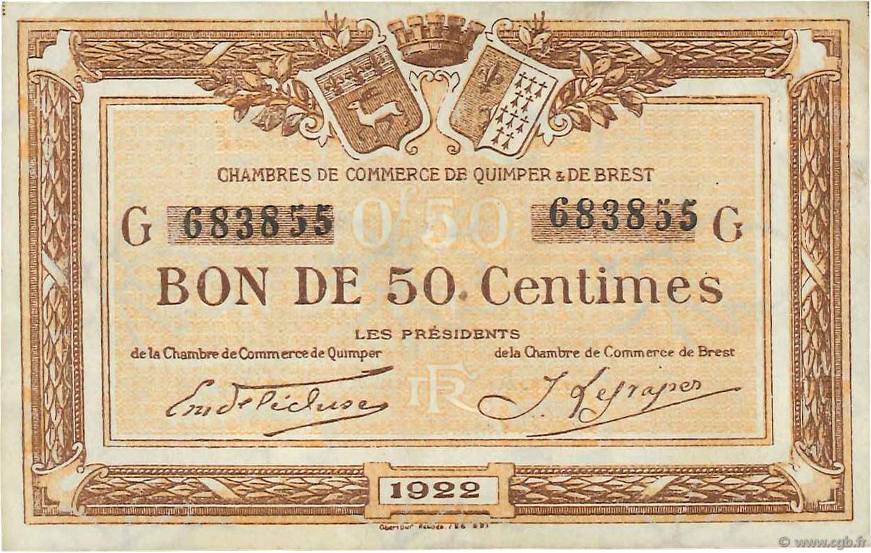 50 Centimes FRANCE régionalisme et divers Quimper et Brest 1922 JP.104.22 TTB