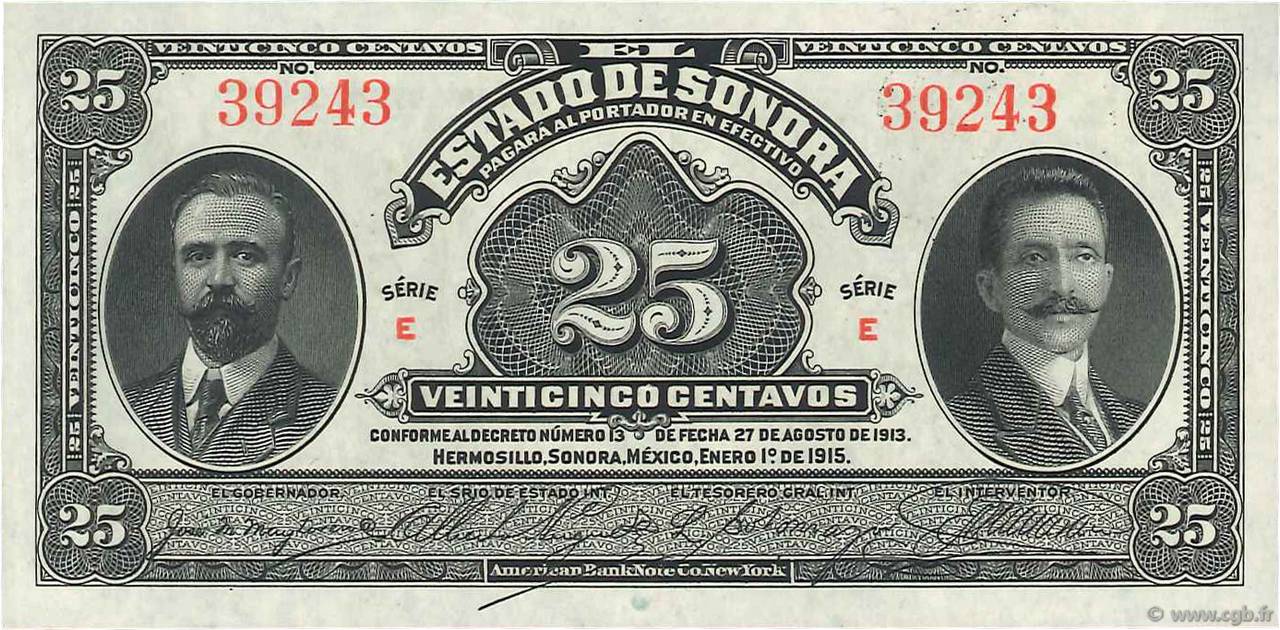 25 Centavos MEXIQUE Hermosillo 1915 PS.1069 NEUF