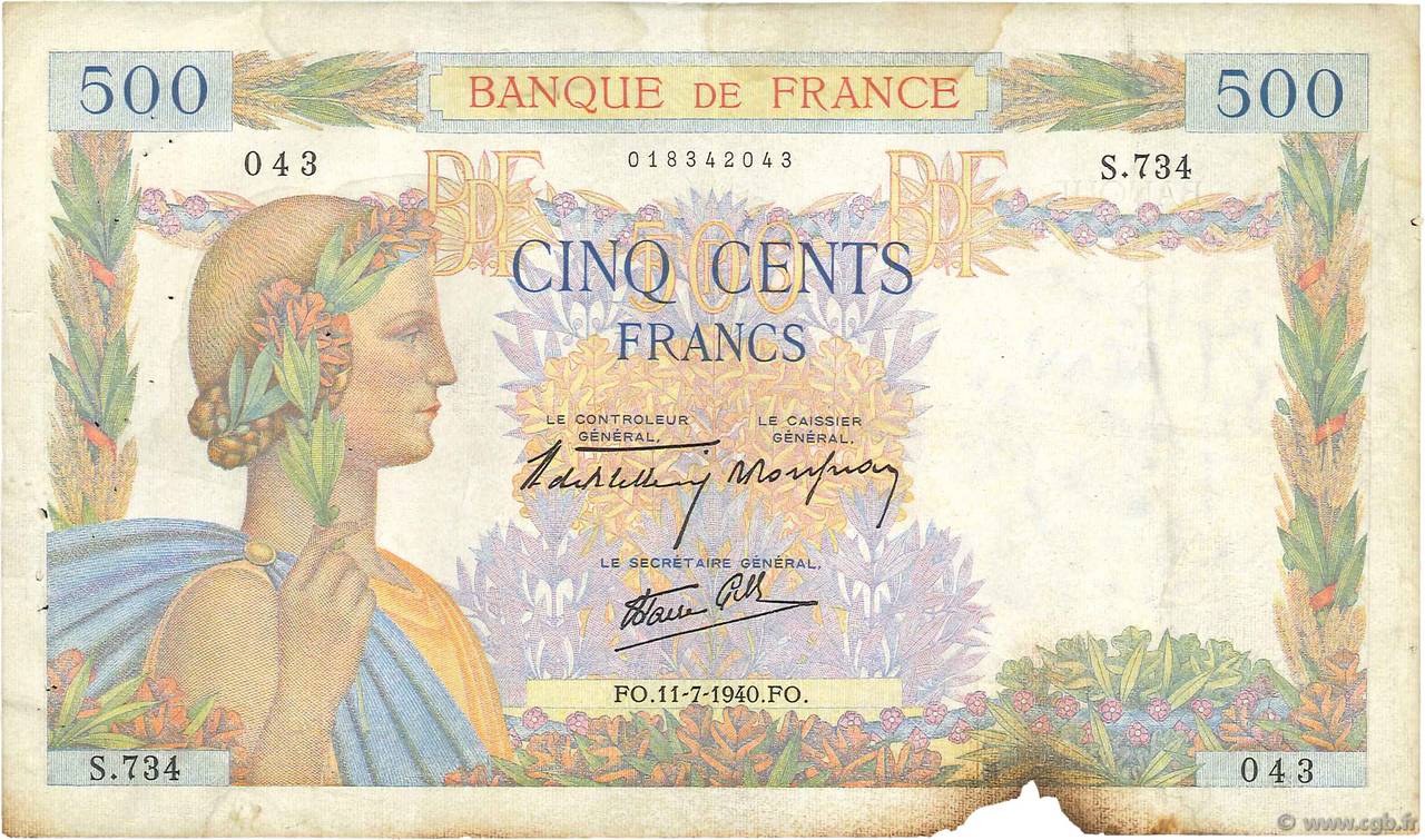 500 Francs LA PAIX FRANCE  1940 F.32.04 TB