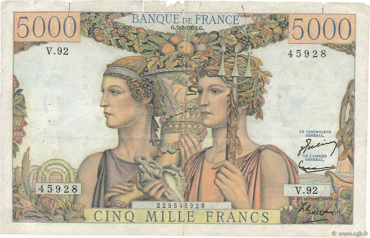 5000 Francs TERRE ET MER FRANCE  1952 F.48.06 TB+