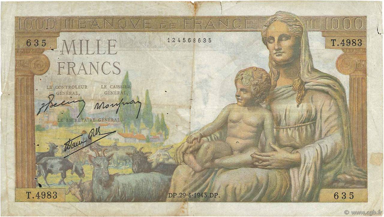 1000 Francs DÉESSE DÉMÉTER FRANCE  1943 F.40.22 TB