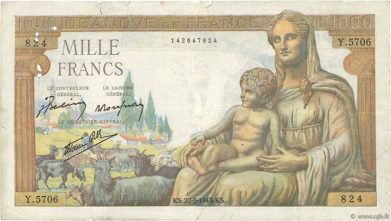 1000 Francs DÉESSE DÉMÉTER FRANCE  1943 F.40.24 TB
