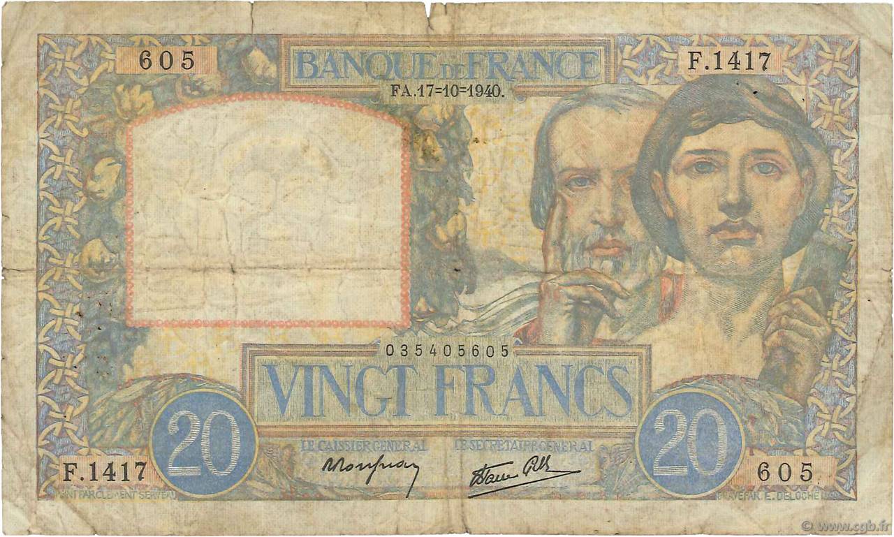 20 Francs TRAVAIL ET SCIENCE FRANCE  1940 F.12.09 B