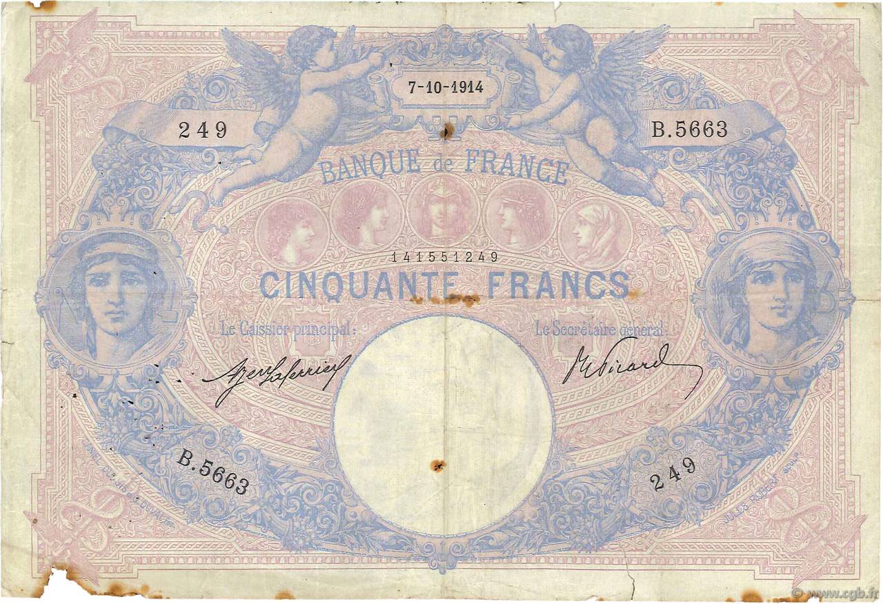 50 Francs BLEU ET ROSE FRANCE  1914 F.14.27 pr.TB