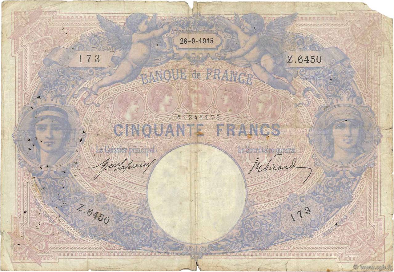 50 Francs BLEU ET ROSE FRANCE  1915 F.14.28 B