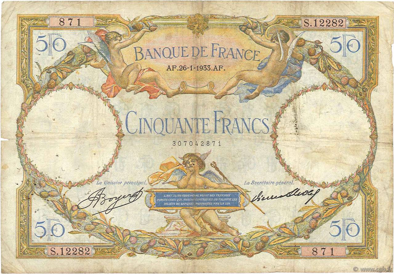 50 Francs LUC OLIVIER MERSON type modifié FRANCIA  1933 F.16.04 RC