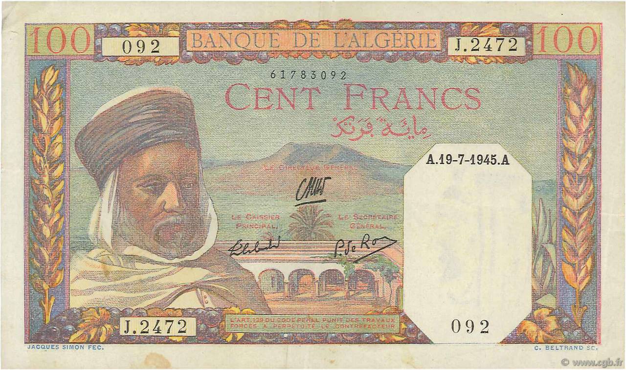 100 Francs  ALGÉRIE  1945 P.088 TTB