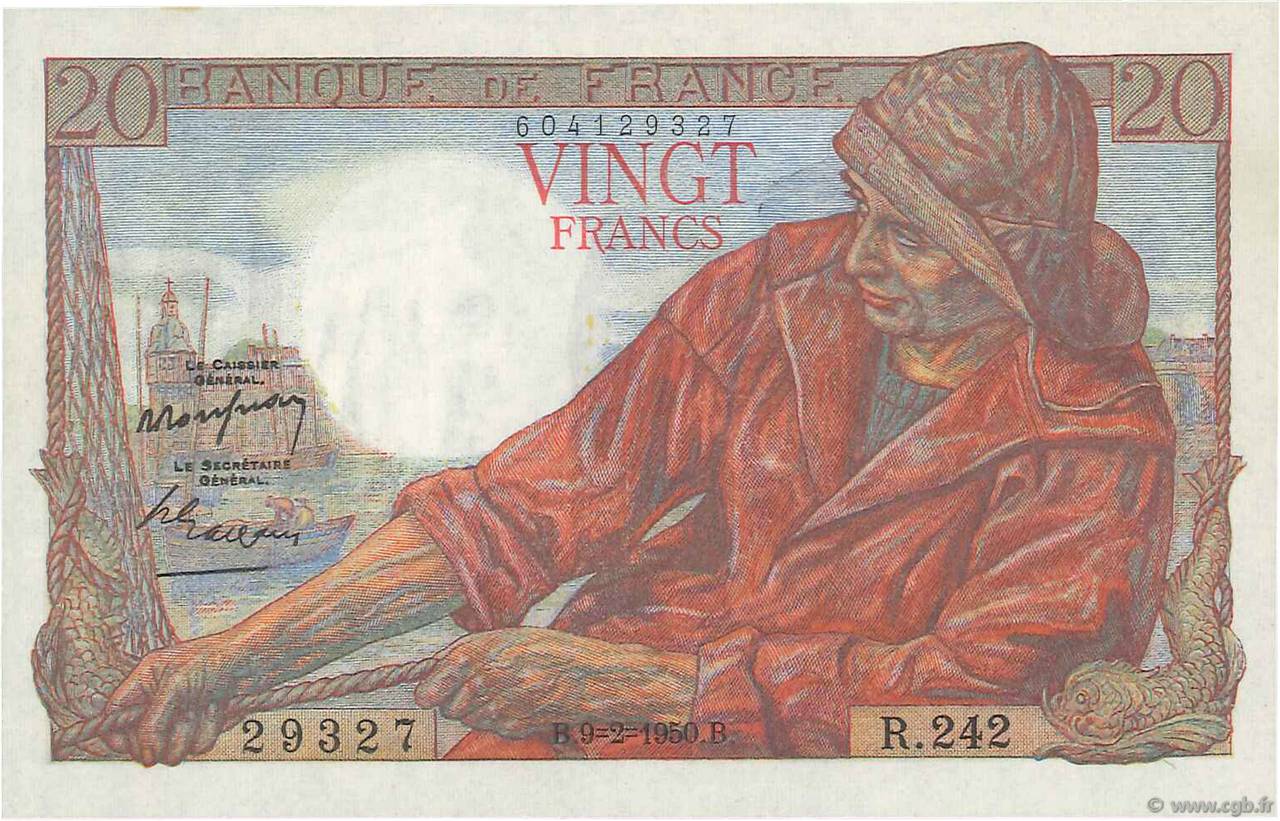 20 Francs PÊCHEUR FRANKREICH  1950 F.13.17 VZ to fST