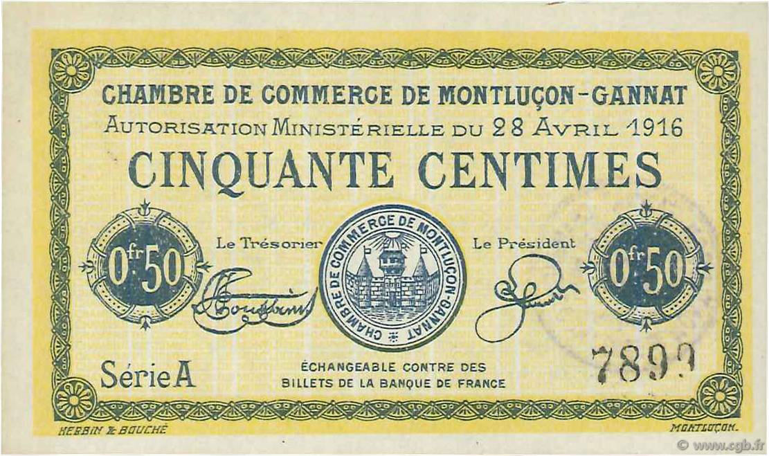 50 Centimes FRANCE regionalismo y varios Montluçon, Gannat 1916 JP.084.21 FDC