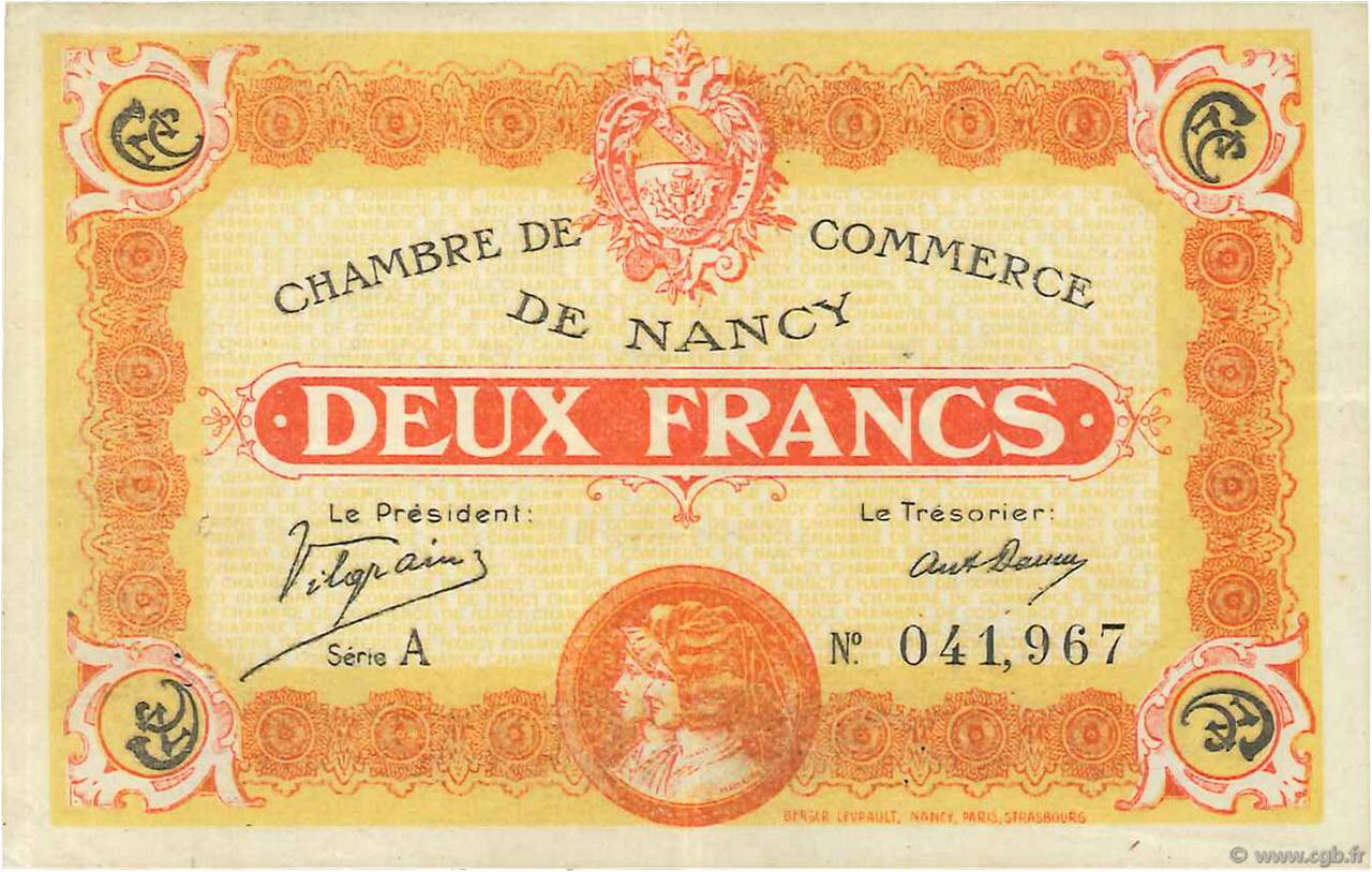 2 Francs FRANCE Regionalismus und verschiedenen Nancy 1918 JP.087.25 SS