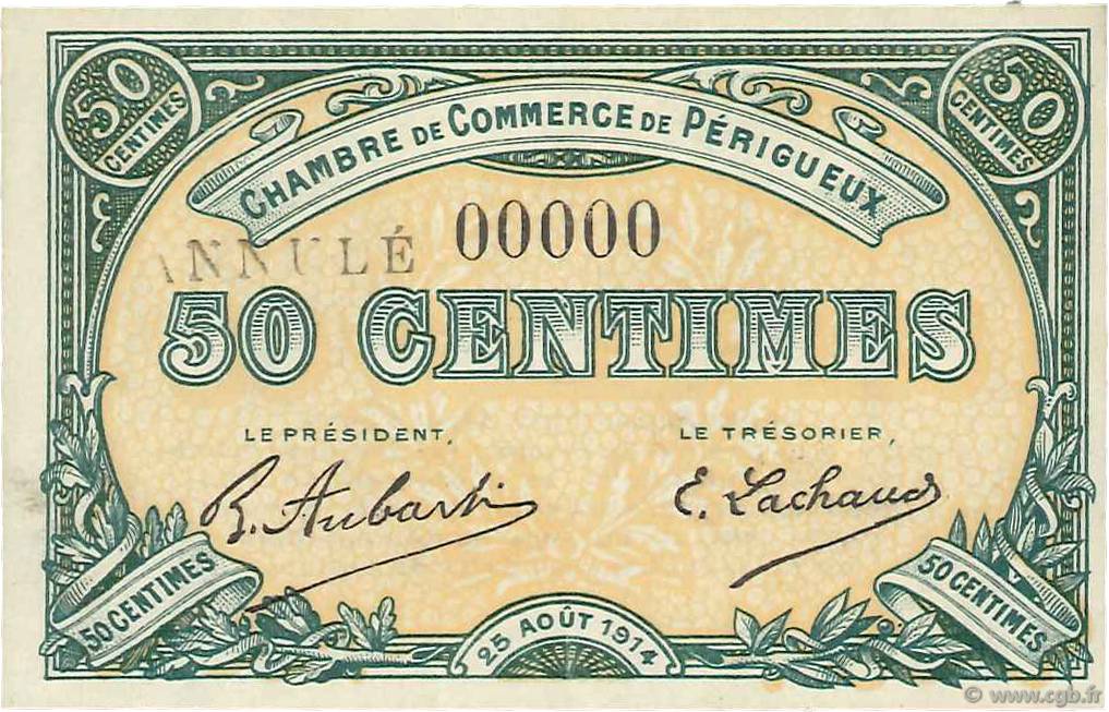 50 Centimes Annulé FRANCE regionalismo y varios Périgueux 1914 JP.098.02 FDC