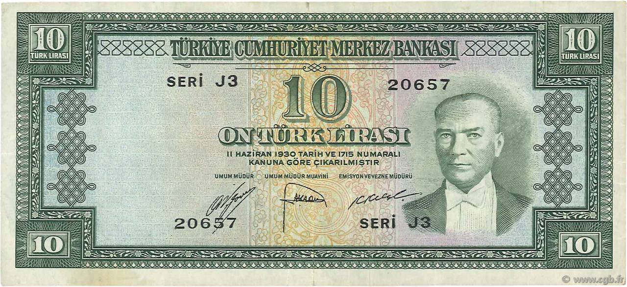10 Lira TÜRKEI  1951 P.156a fVZ