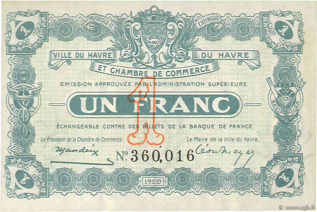 1 Franc FRANCE régionalisme et divers Le Havre 1920 JP.068.28 NEUF