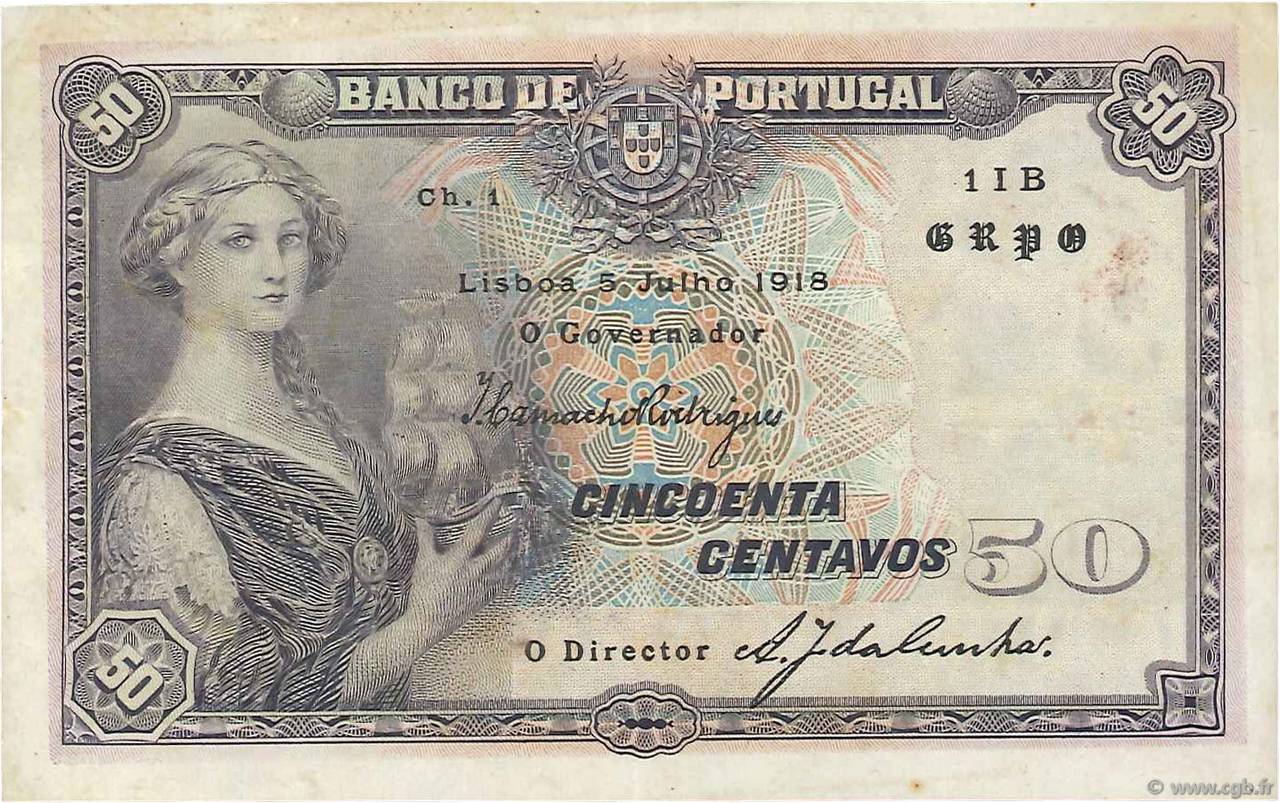 50 Centavos PORTUGAL  1918 P.112b TTB