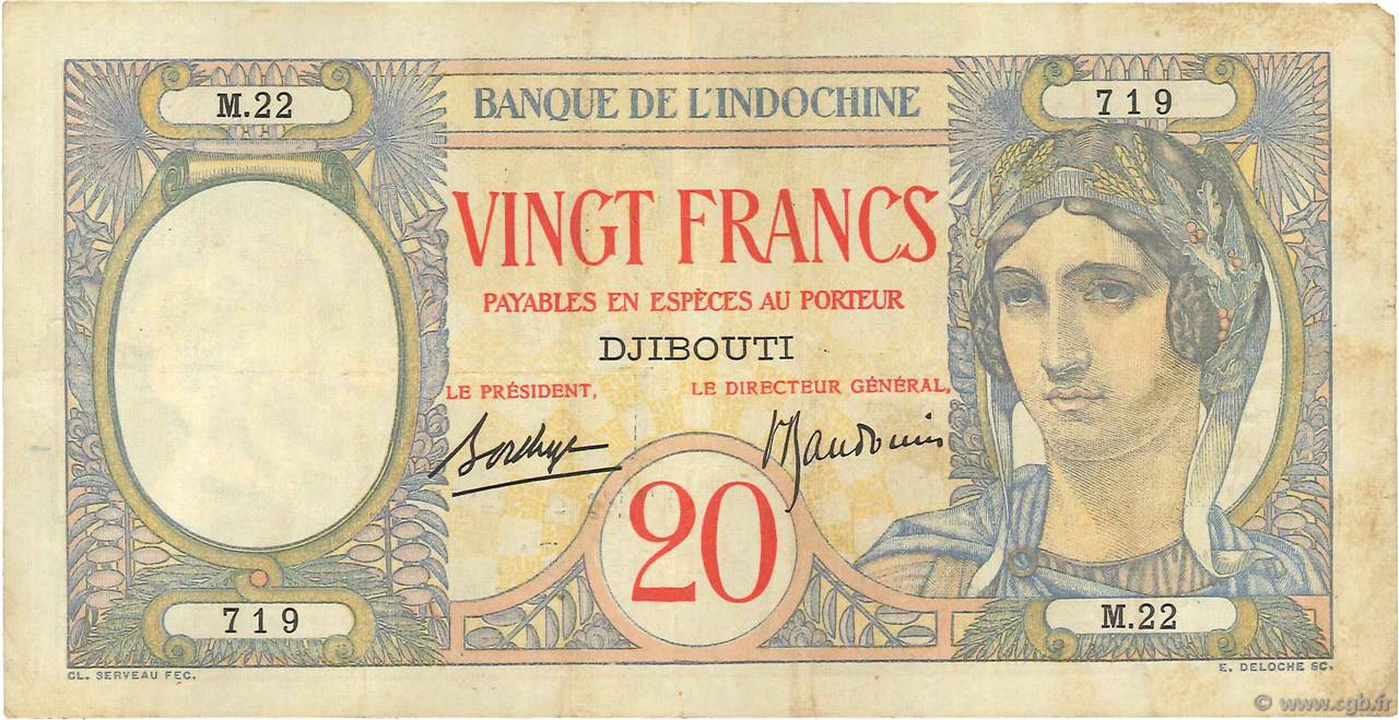 20 Francs DJIBOUTI  1928 P.07A TTB