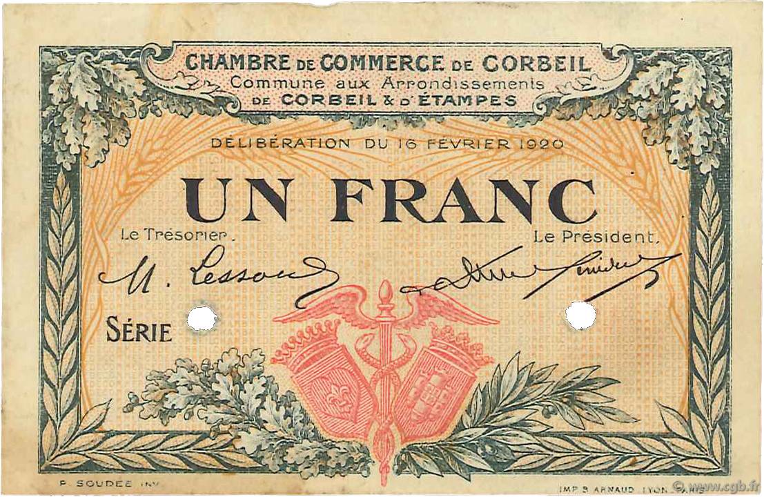 1 Franc Spécimen FRANCE regionalismo e varie Corbeil 1920 JP.050.04 BB to SPL
