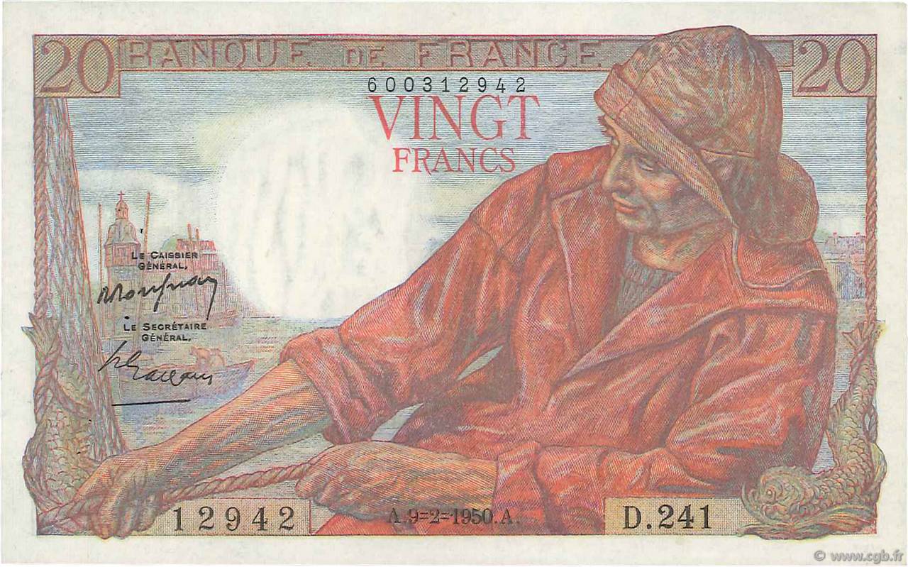 20 Francs PÊCHEUR FRANCE  1950 F.13.17 pr.SUP