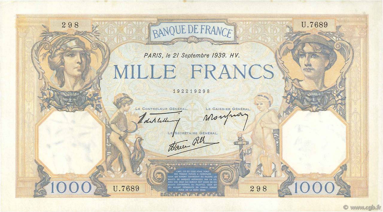 1000 Francs CÉRÈS ET MERCURE type modifié FRANCE  1939 F.38.37 SUP+ à SPL