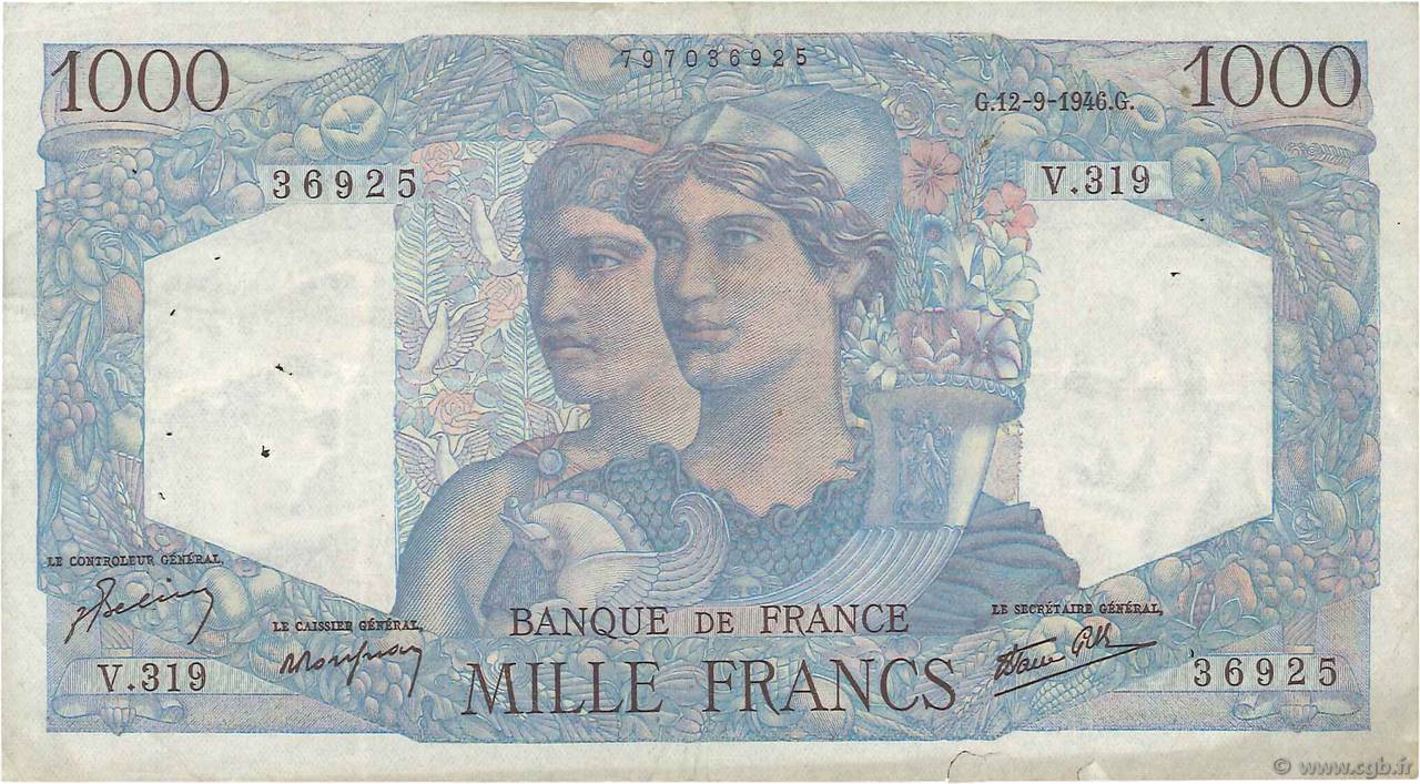 1000 Francs MINERVE ET HERCULE FRANCE  1946 F.41.16 VF