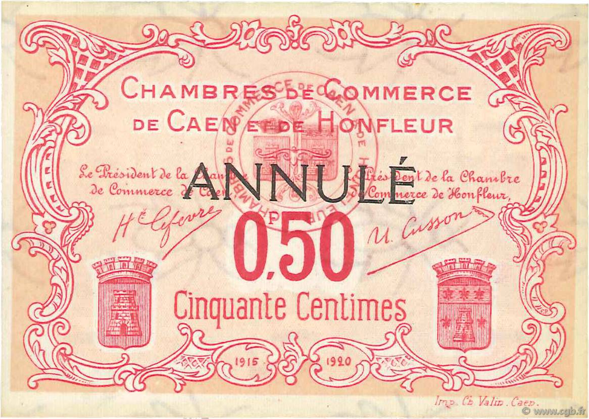 50 Centimes Annulé FRANCE régionalisme et divers Caen et Honfleur 1918 JP.034.13 pr.NEUF