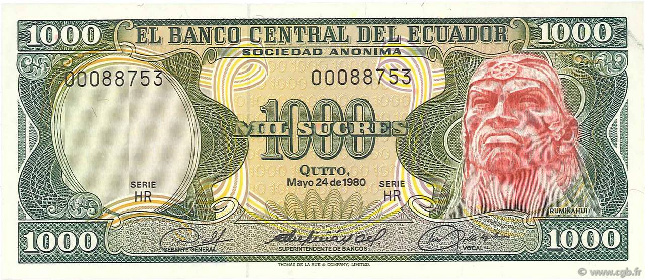 1000 Sucres ECUADOR  1980 P.120b UNC