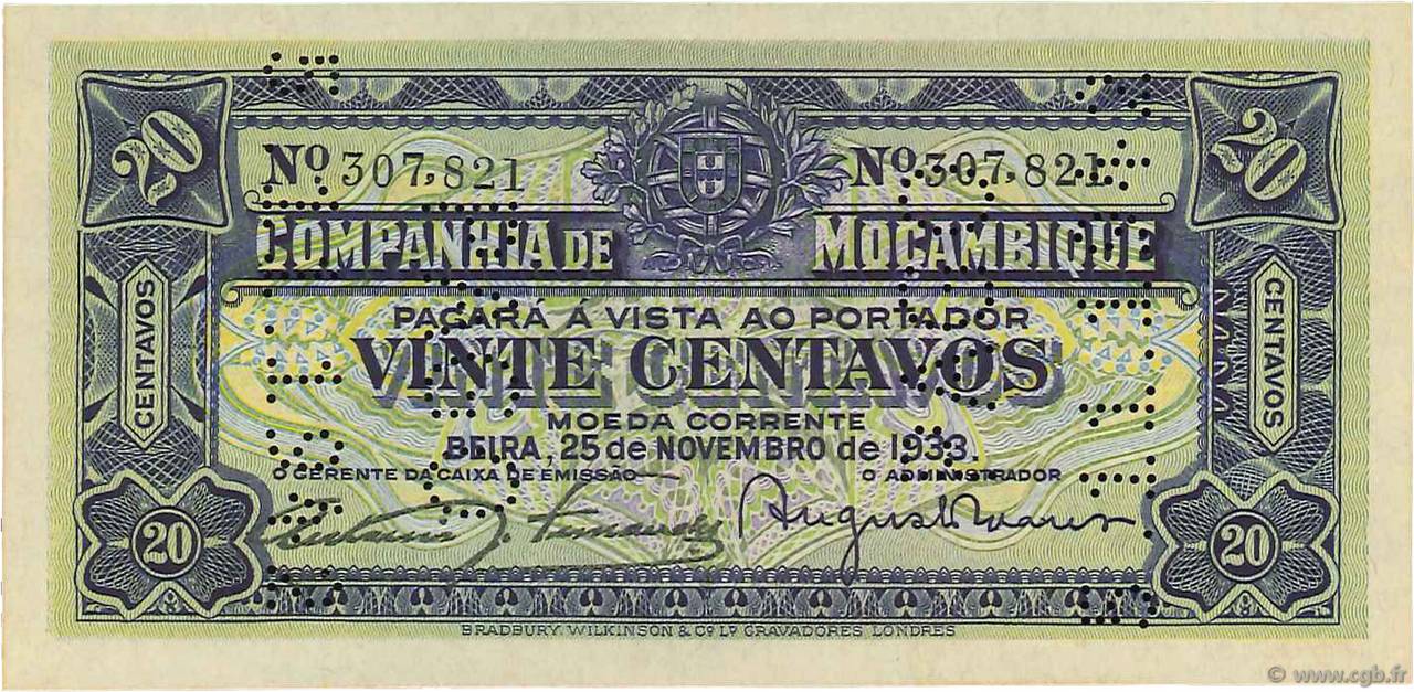 20 Centavos MOZAMBIQUE Beira 1933 P.R29 UNC