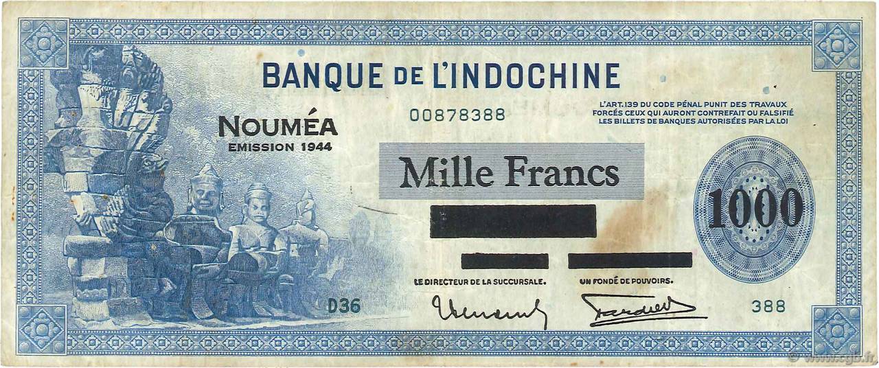 1000 Francs NEW CALEDONIA  1944 P.47b VF