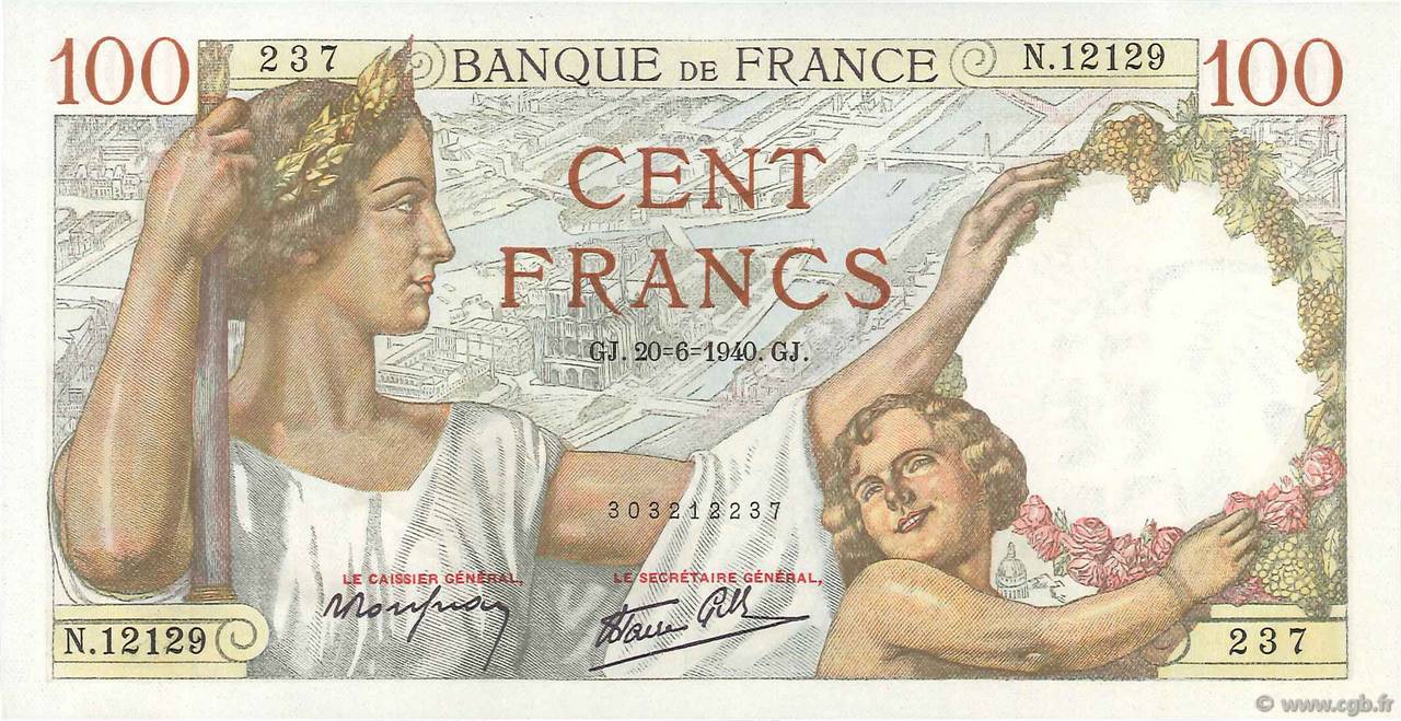 100 Francs SULLY FRANCE  1940 F.26.32 UNC