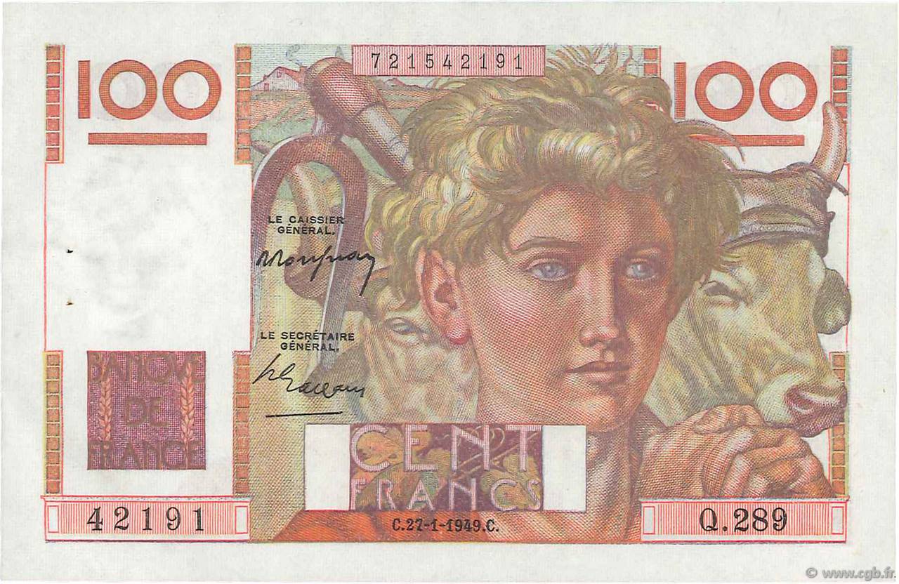 100 Francs JEUNE PAYSAN FRANCE  1949 F.28.21 XF
