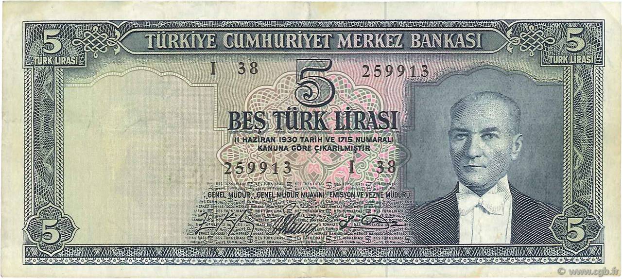 5 Lira TURKEY  1965 P.174 VF
