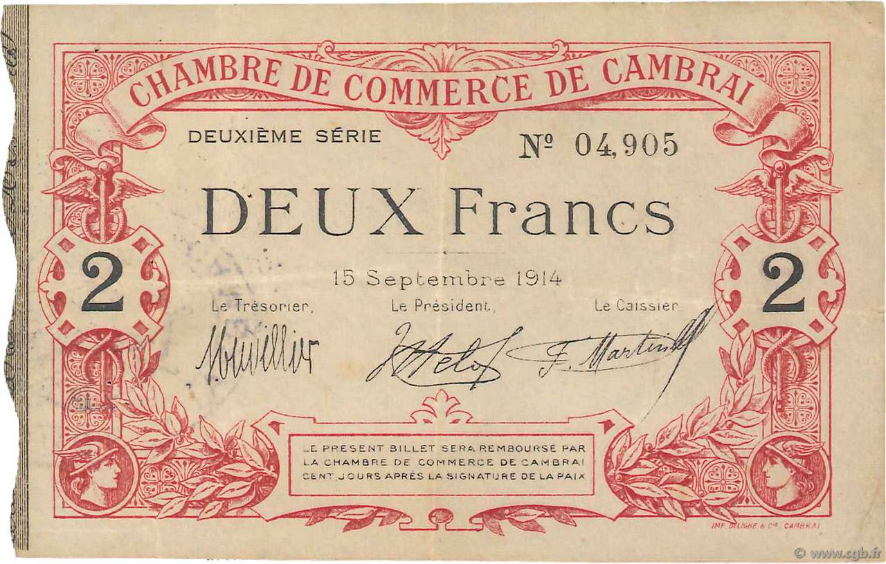 2 Francs FRANCE regionalismo y varios Cambrai 1914 JP.037.13 MBC+