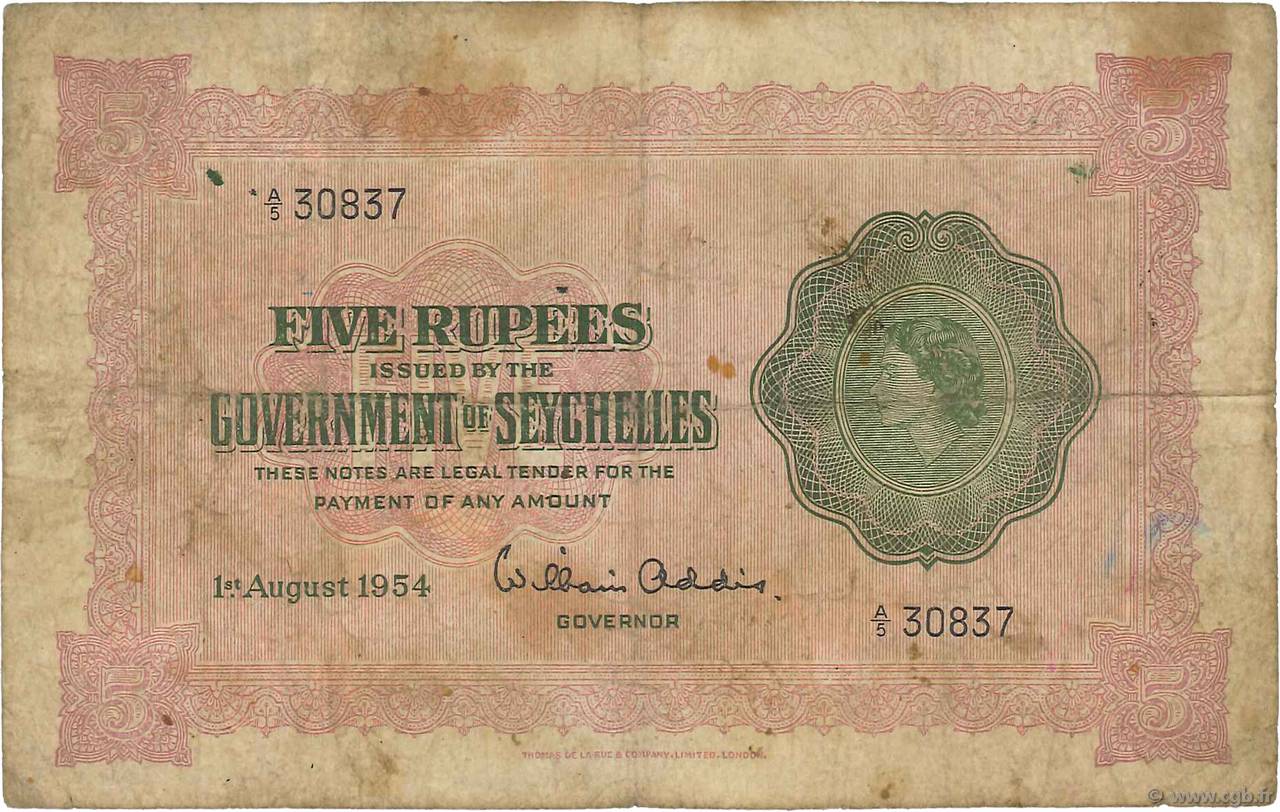 5 Rupees SEYCHELLES  1954 P.11a TB