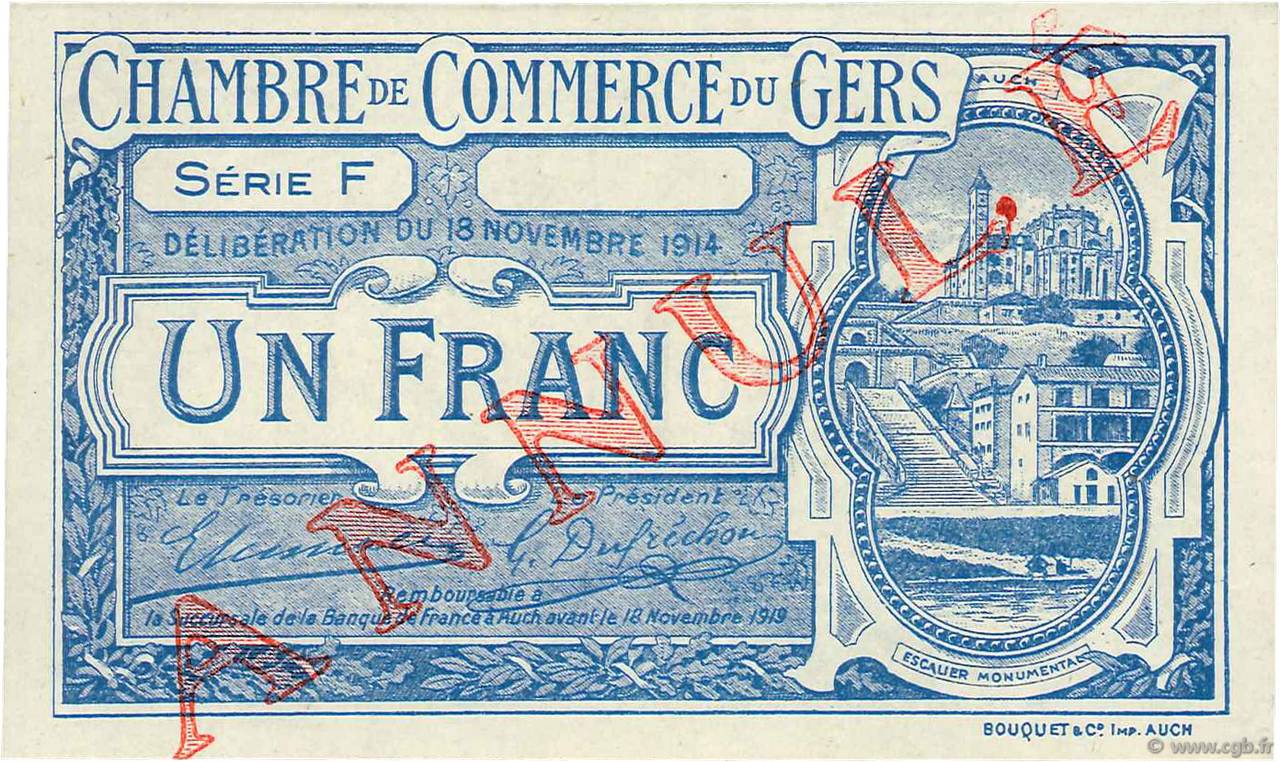 1 Franc Annulé FRANCE régionalisme et divers Auch 1914 JP.015.08 NEUF