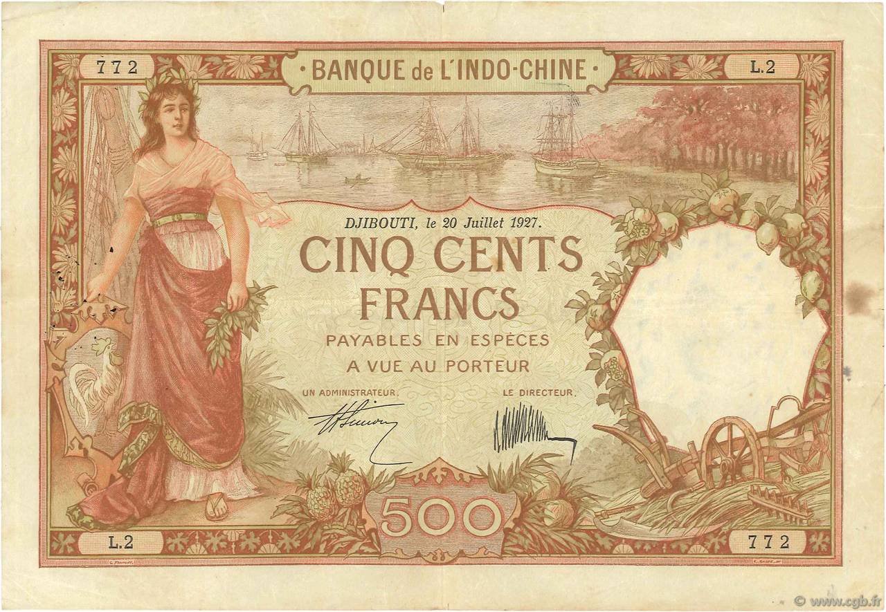 500 Francs DJIBOUTI  1927 P.09a TTB