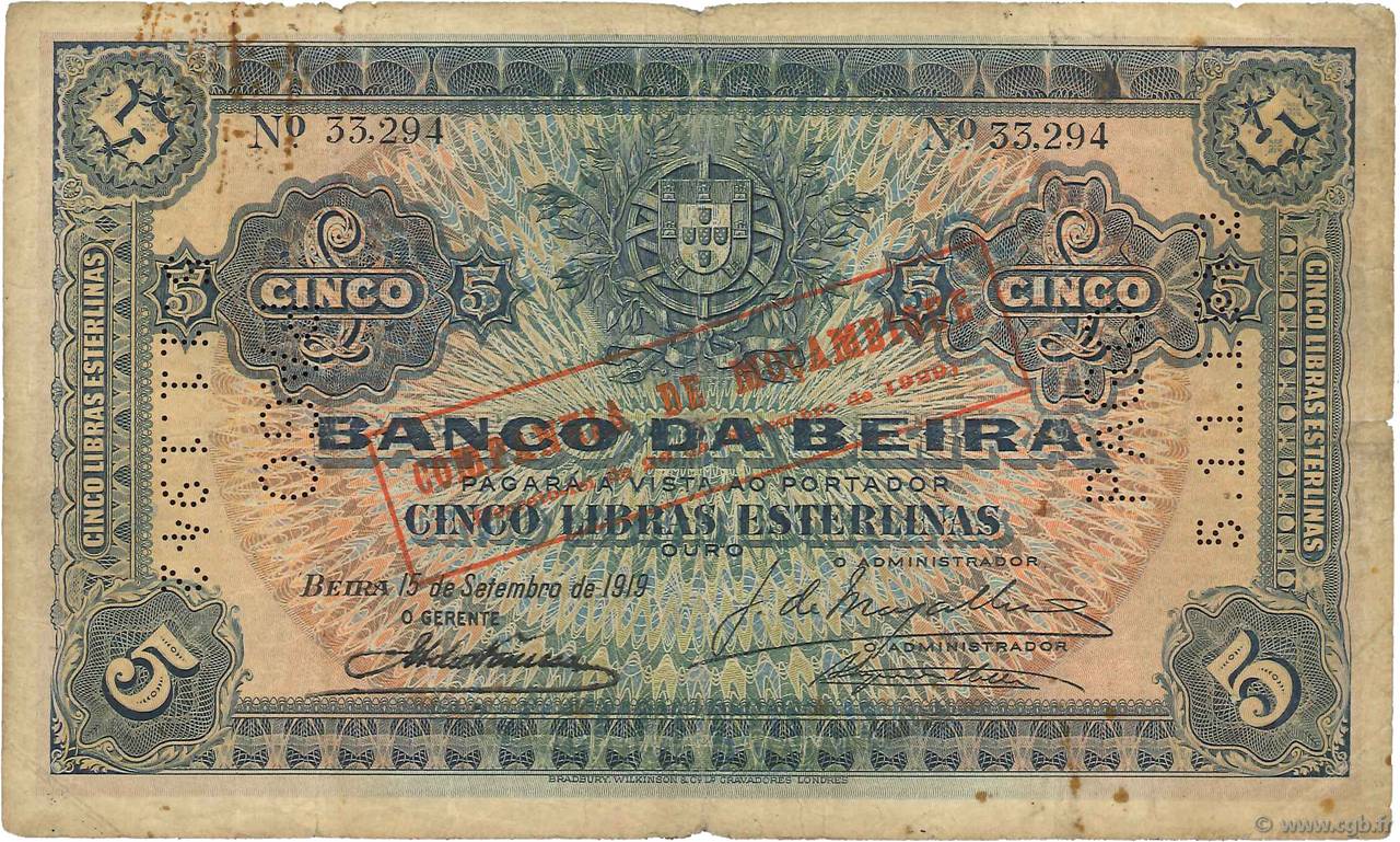 5 Libras MOZAMBIQUE Beira 1919 P.R21 B+