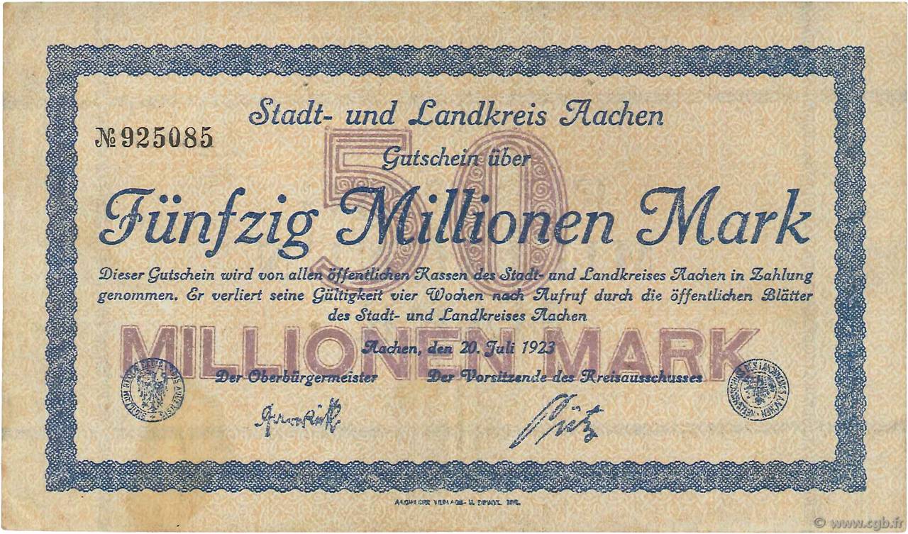 50 Millions Mark ALLEMAGNE Aachen - Aix-La-Chapelle 1923  TTB