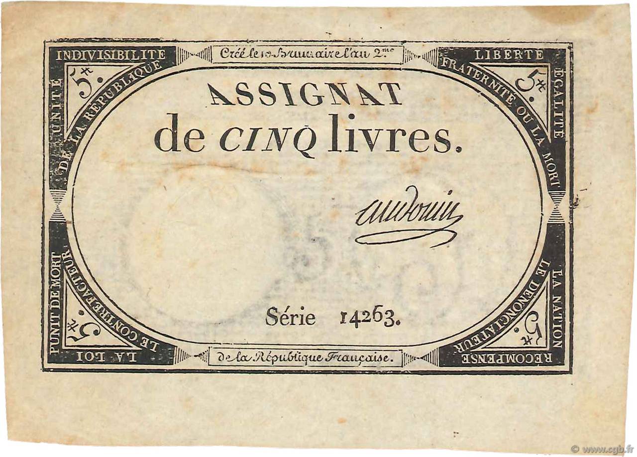 5 Livres FRANCE  1793 Ass.46a TTB