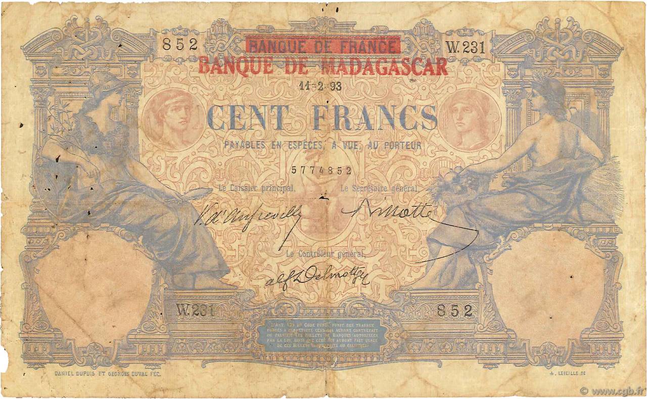 100 Francs MADAGASCAR  1893 P.034 B à TB