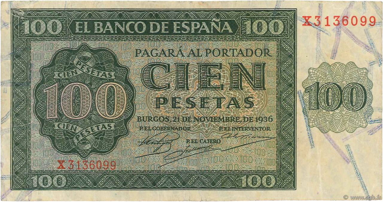 100 Pesetas SPAIN  1936 P.101 VF