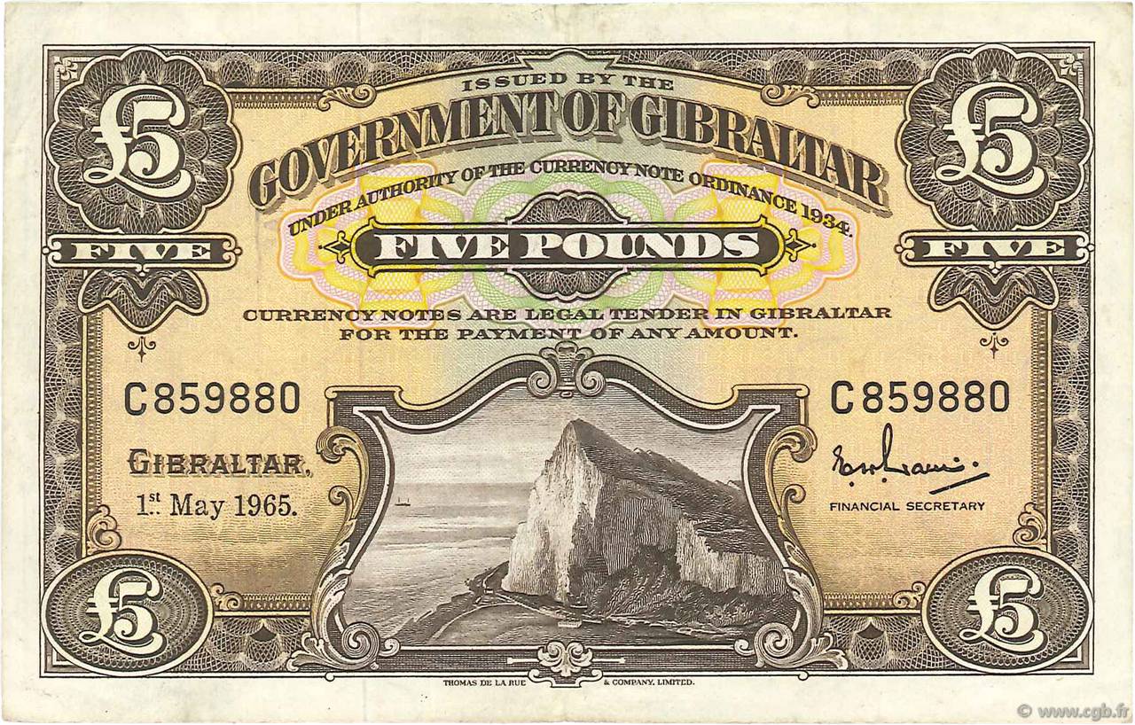 5 Pounds GIBRALTAR  1965 P.19a TTB