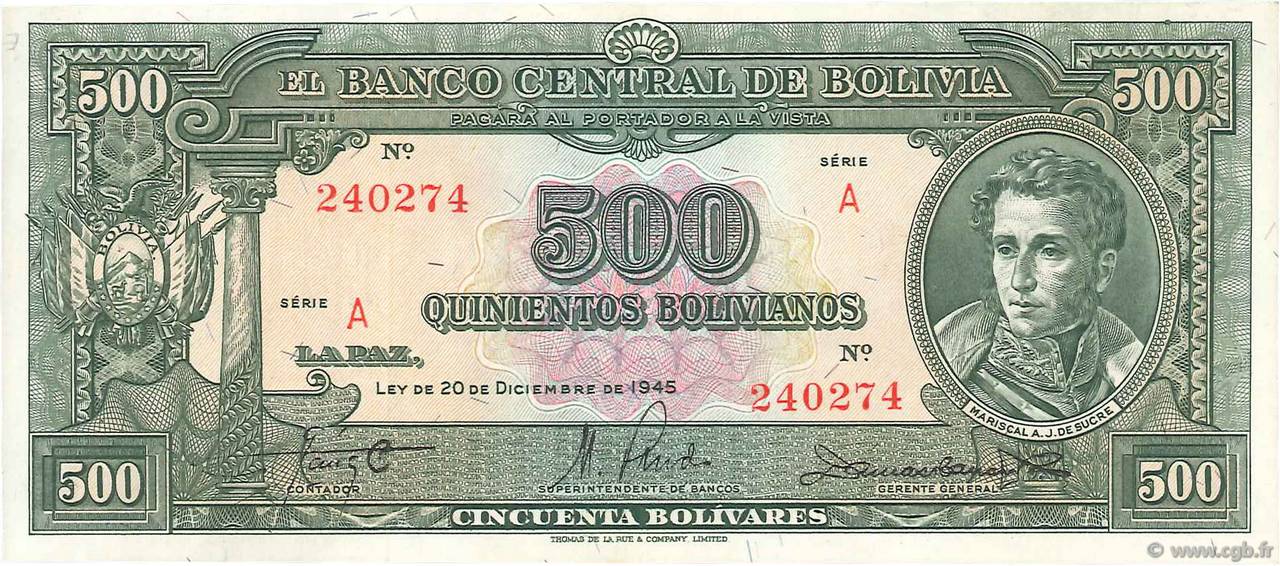 500 Bolivianos BOLIVIA  1945 P.143 UNC