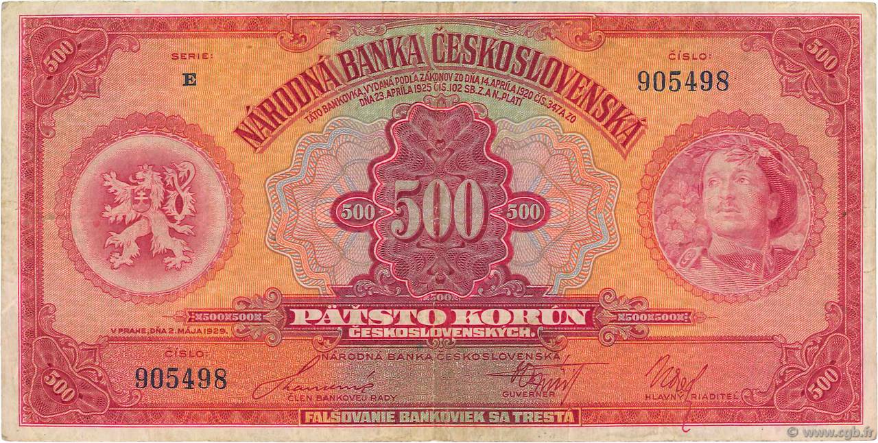500 Korun CZECHOSLOVAKIA  1929 P.024 VF