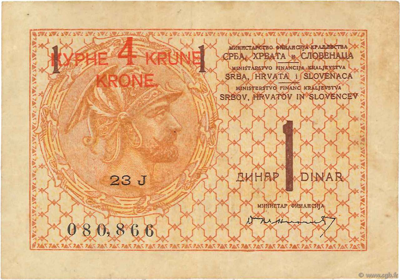 4 Kronen sur 1 Dinar YUGOSLAVIA  1919 P.015 BB