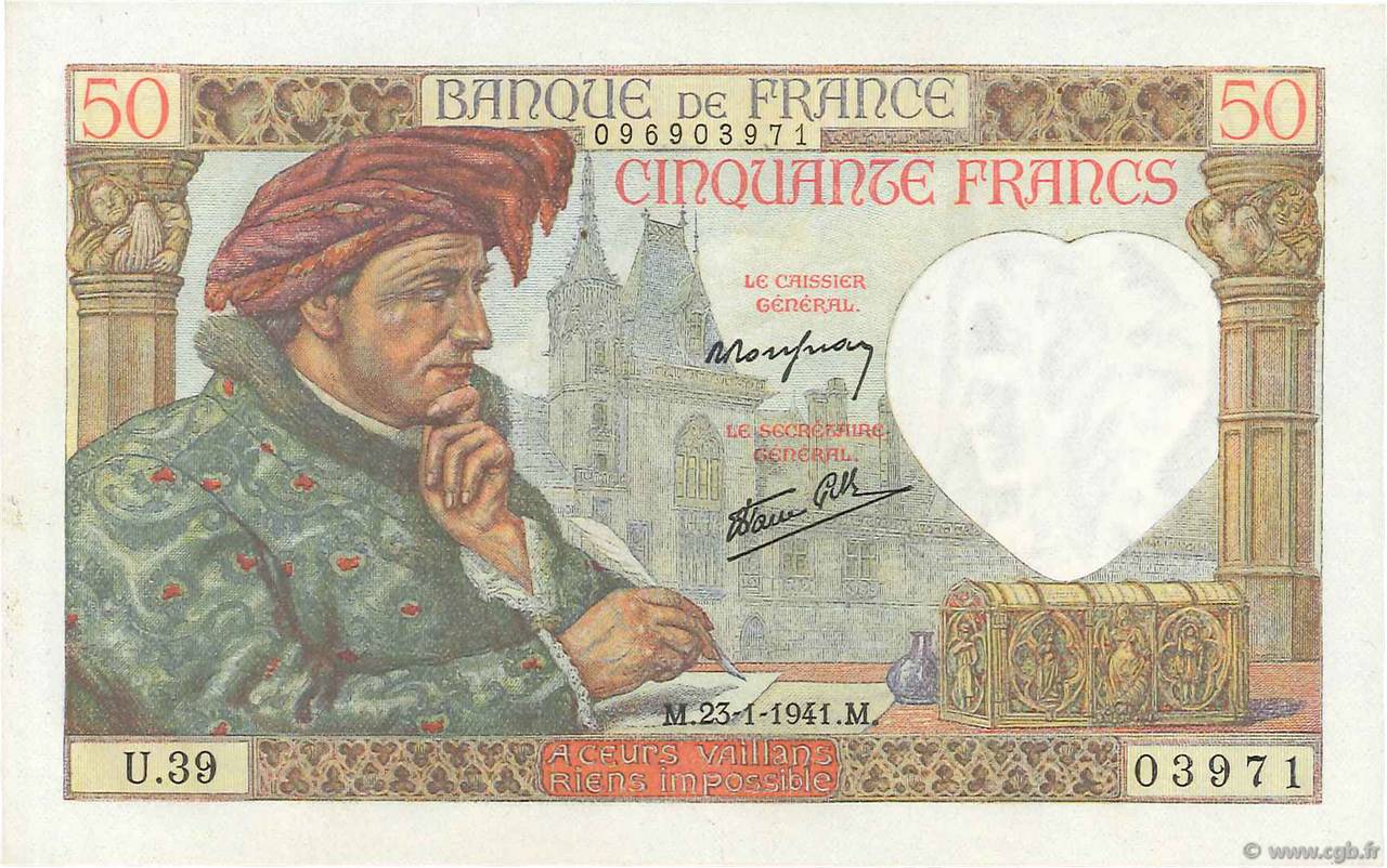50 Francs JACQUES CŒUR FRANCE  1941 F.19.05 pr.NEUF
