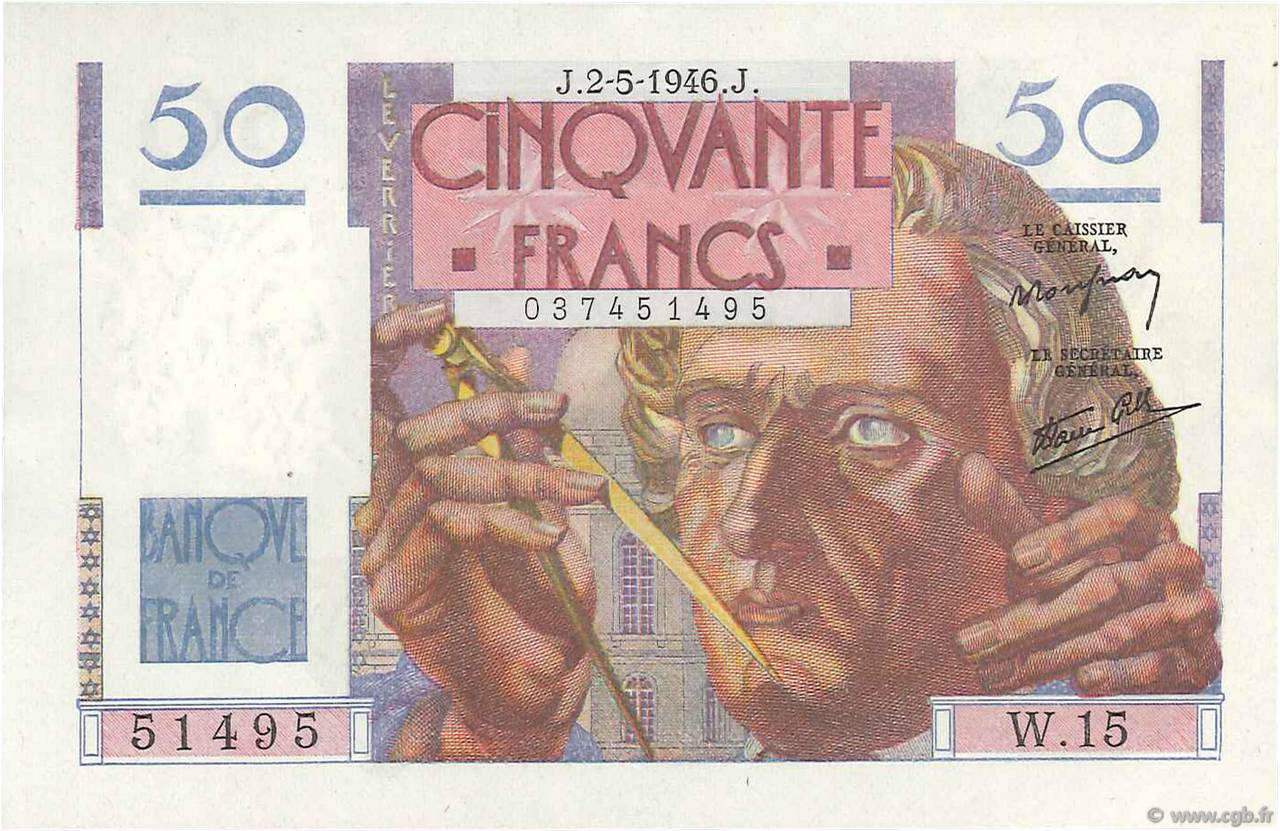 50 Francs LE VERRIER FRANCIA  1946 F.20.03 SC+