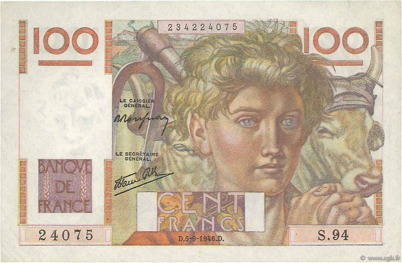 100 Francs JEUNE PAYSAN FRANCE  1946 F.28.08 SUP