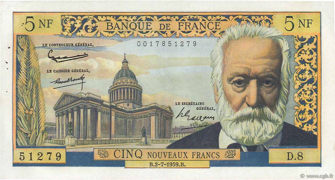 5 Nouveaux Francs VICTOR HUGO FRANCE  1959 F.56.02 TTB