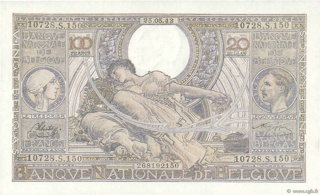 100 Francs - 20 Belgas BELGIQUE  1943 P.112 pr.NEUF